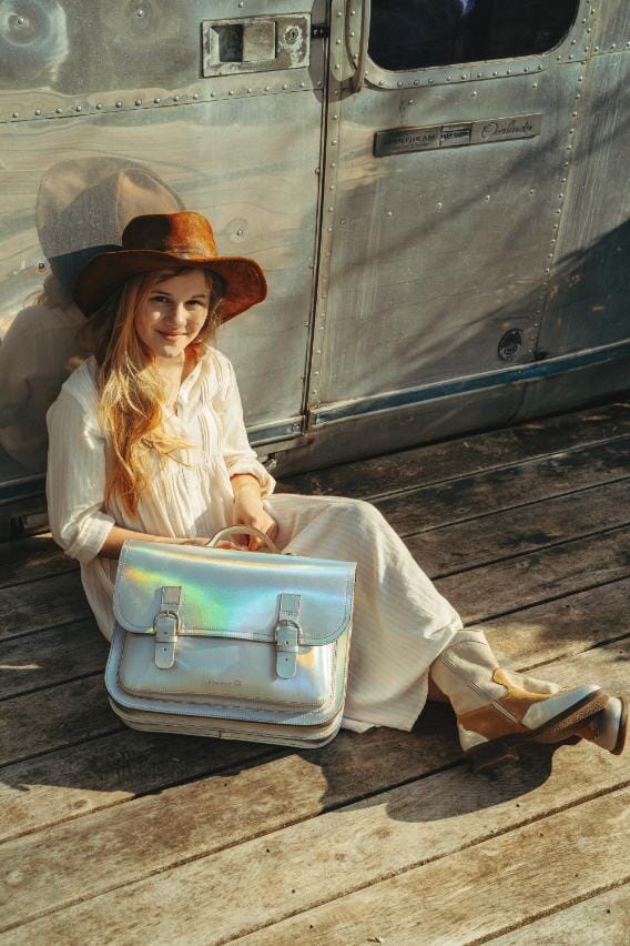 Lederen schooltas met gespen - Silver